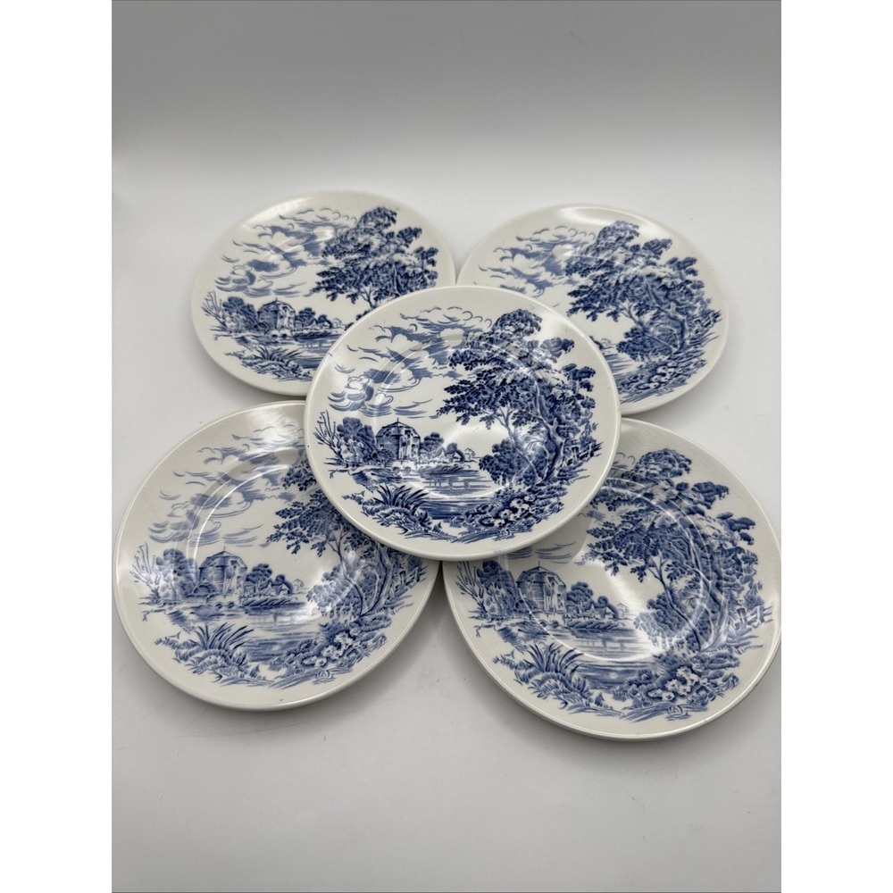 Enoch Wedgwood Countryside Breat Plate Set Blue White Vtg England Transferware